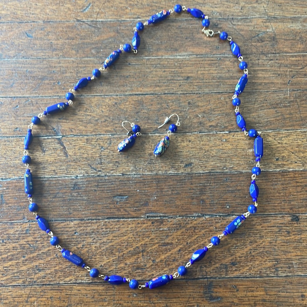 Vintage Japanese Cobalt Blue Millefiori Teardrop Glass Beads 1980’s.